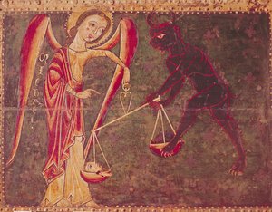St. Michael Weighing Souls, from an altarpiece dedicated to Archangel Michael by Master of the Llusanes